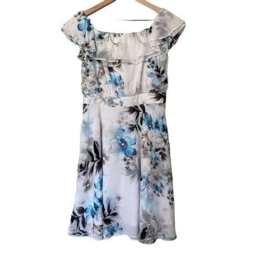 White House Black Market Dress Small 4 Floral Watercolor Blue & White